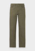 Olivgrüne gerade geschnittene Hose mit Frontknopf, Reißverschluss, Gürtelschlaufen und Fünf-Taschen-Design.