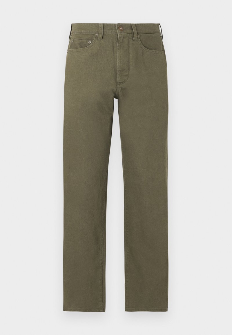 Olivgrüne gerade geschnittene Hose mit Frontknopf, Reißverschluss, Gürtelschlaufen und Fünf-Taschen-Design.