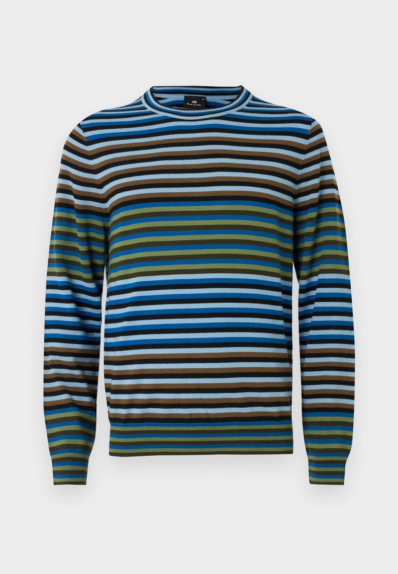 Gestreifter Pullover mit horizontalen Linien in Blau, Grün, Braun und Grau; aus weichem Material mit Rundhalsausschnitt und gerippten Bündchen.