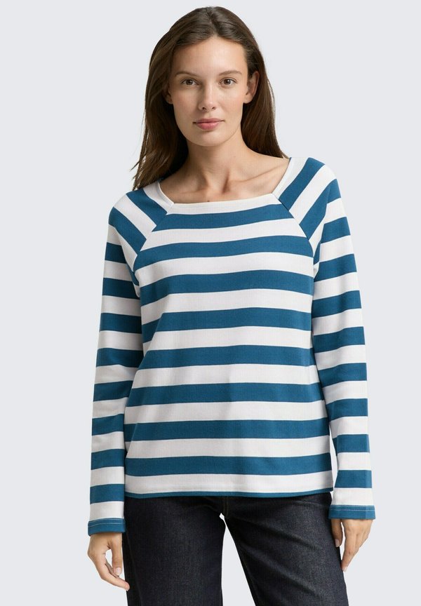 TOM TAILOR STRIPED CARRE NECK - Long sleeved top - petrol blue offwhite stripe