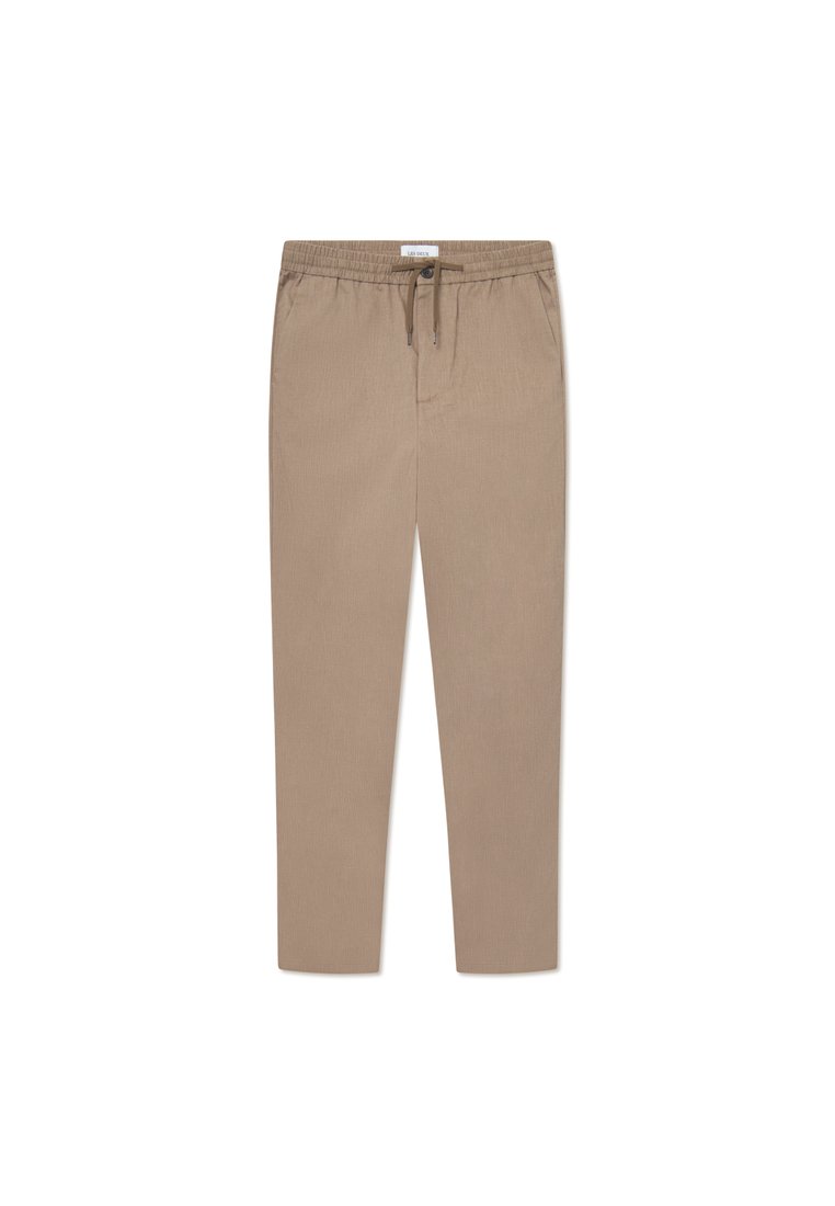 Beige Hose aus leichtem Stoff mit einem elastischen Bund und Kordelzug, gerade geschnitten und ohne sichtbare Taschen.
