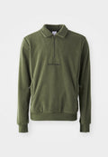 Olivgrüner Fleece-Pullover mit einem halben Reißverschluss, versehen mit einem "PARIS"-Logo und dem Nike-Swoosh. Seitentaschen und gerippte Bündchen runden das Design ab.