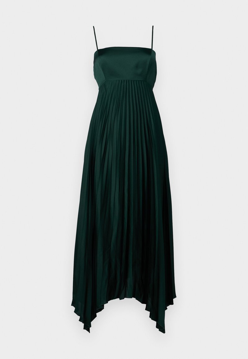 Dunkelgrünes Satinkleid mit dünnen Trägern, das ein gefälteltes Design und einen asymmetrischen Saum aufweist. Glatte, fließende Textur über das gesamte Kleid.