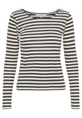 Langarmshirt mit Rundhalsausschnitt, ausgestattet mit dünnen Streifen in Marineblau und Cream. Hergestellt aus weich dehnbarem Stoff für hohen Tragekomfort.