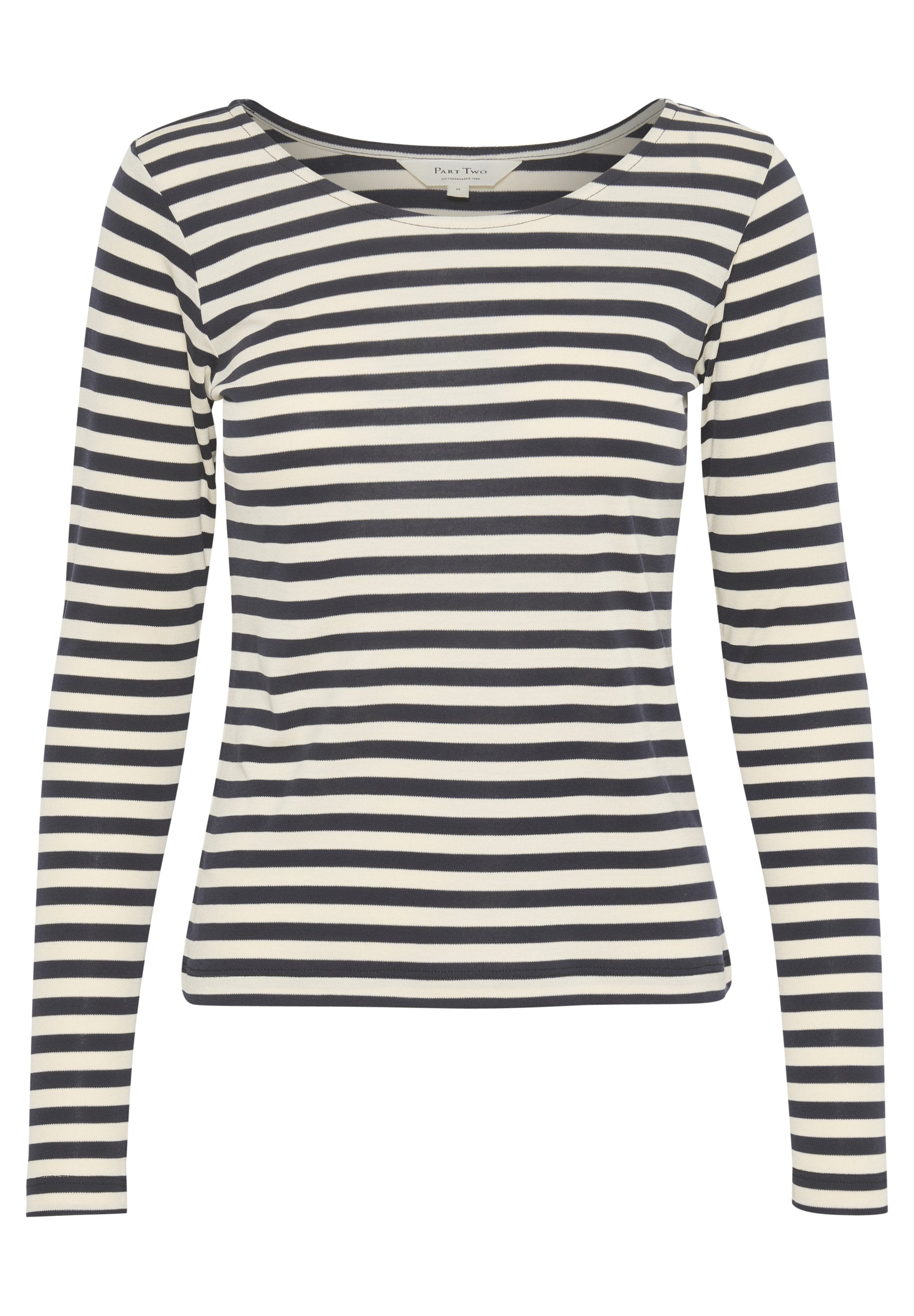Langarmshirt mit Rundhalsausschnitt, ausgestattet mit dünnen Streifen in Marineblau und Cream. Hergestellt aus weich dehnbarem Stoff für hohen Tragekomfort.