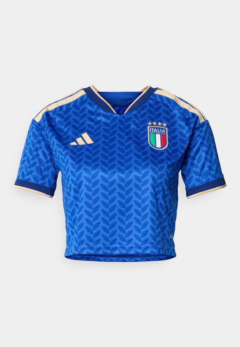 Blaues kurzärmliges Trikot mit Blättermuster, goldenen Akzenten, V-Ausschnitt-Design und Italien-Emblem mit drei Sternen auf der Brust.