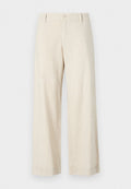 Beige Leinenhosen, weit geschnitten, mit vorderem Knopfverschluss, flachem Frontdesign, zwei Seitentaschen, leichtem Material und sauberem Saum.