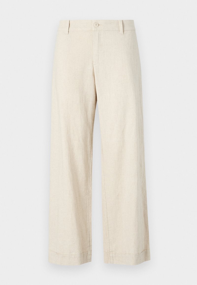 Beige Leinenhosen, weit geschnitten, mit vorderem Knopfverschluss, flachem Frontdesign, zwei Seitentaschen, leichtem Material und sauberem Saum.