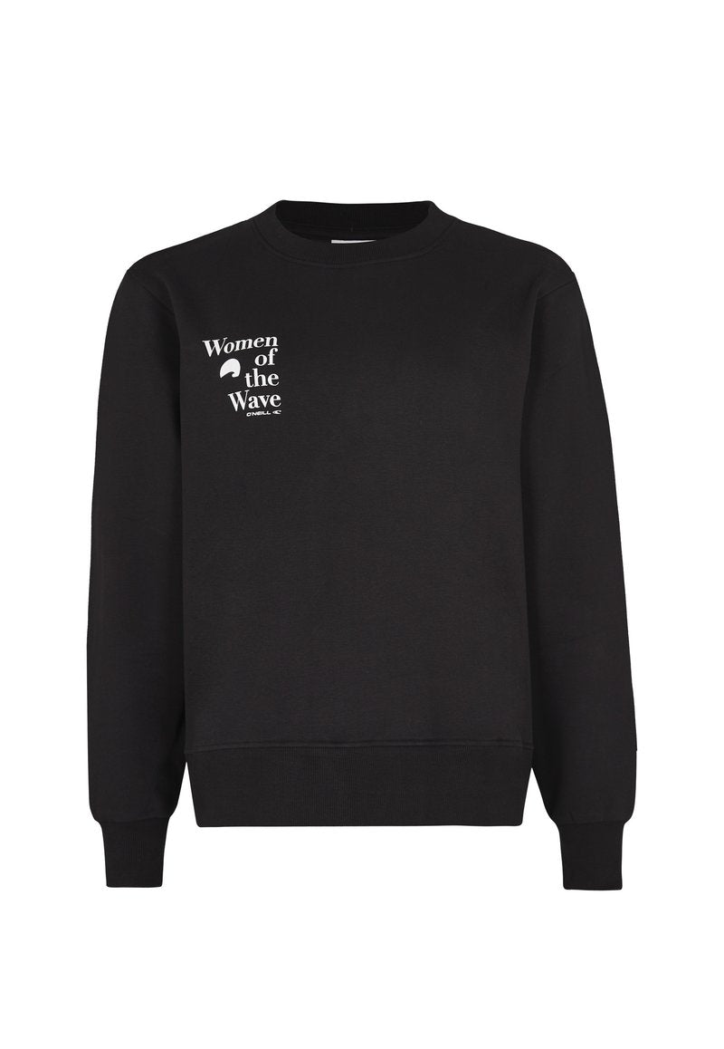 Schwarzes Rundhals-Sweatshirt mit einem weißen Grafdruck auf der linken Brust, der "Women of the Wave" und den Markennamen "O'Neill" liest.