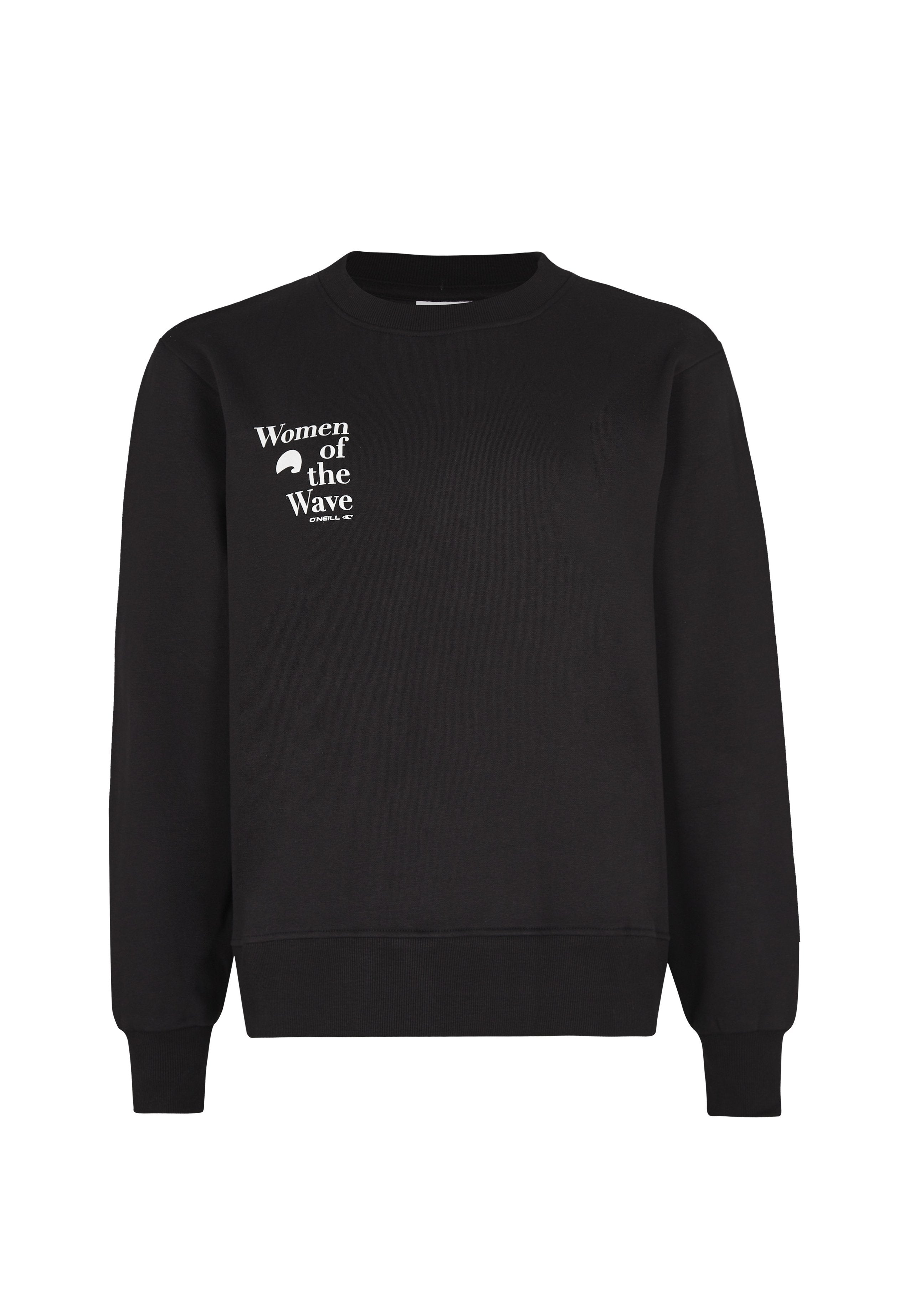 Schwarzes Rundhals-Sweatshirt mit einem weißen Grafdruck auf der linken Brust, der "Women of the Wave" und den Markennamen "O'Neill" liest.