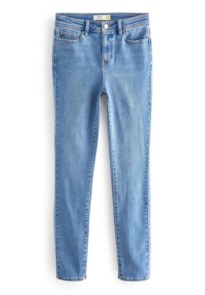 Hellblaue Slim-Fit-Jeans aus Denim, ausgestattet mit fünf Taschen, einem Reißverschluss und einer leichten Ausbleichung für einen strukturierten Look.
