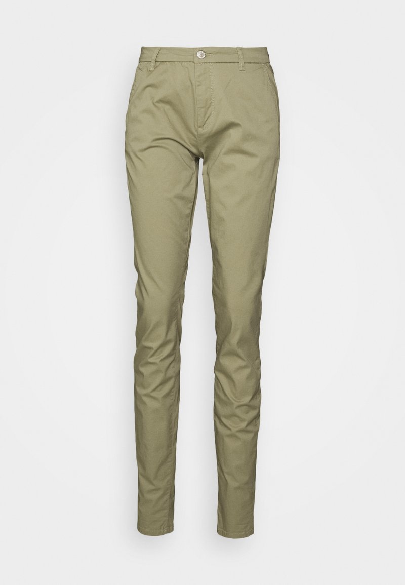 Olivgrüne Chinos mit schlanker Passform, featuring einem Knopfverschluss, Fronttaschen und einem glatten, strapazierfähigen Baumwoll-Mischmaterial.