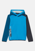 Blauer Kapuzenpullover mit strukturiertem Körper, kontrastierenden dunklen Ärmeln und dem grafischen Text "DISCOVERING THE NATURE" auf der Vorderseite.