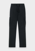 Schwarze Cargo-Hosen mit einem elastischen Bund, Bindegurt und Seitentaschen. Aus einem glatten, strapazierfähigen Stoff hergestellt; gerade Beinform.