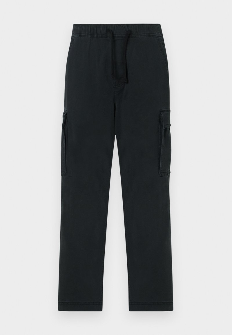 Schwarze Cargo-Hosen mit einem elastischen Bund, Bindegurt und Seitentaschen. Aus einem glatten, strapazierfähigen Stoff hergestellt; gerade Beinform.