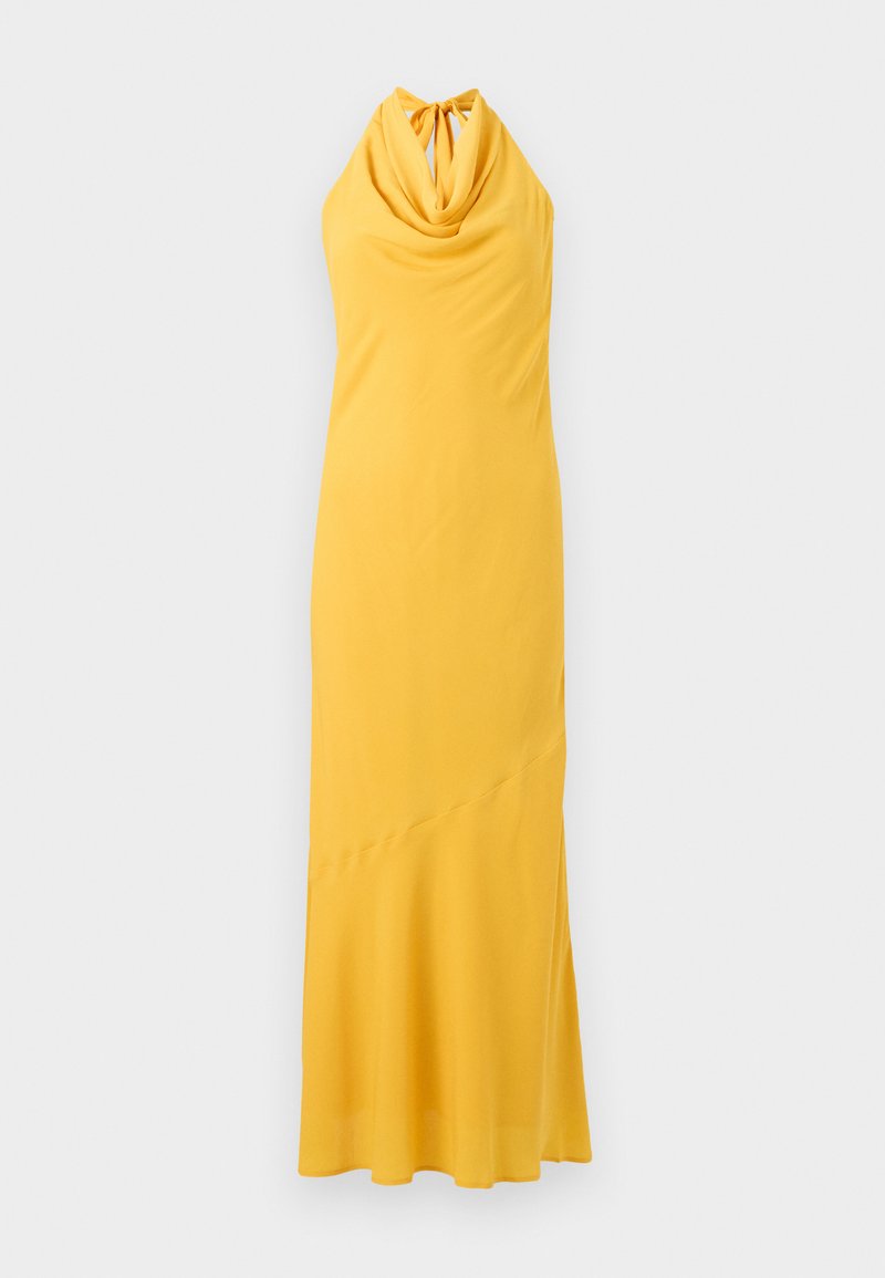 Gelbes Trägerkleid mit drapierter Cowl-Neck-Optik, schlanker Silhouette und subtil asymmetrischem Saum. Hergestellt aus weichem, glattem Stoff.