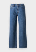 Weite blaue Jeans aus Denim, mit klassischem Fünf-Taschen-Design, Knopfverschluss und subtiler Ausbleichung, mit geradem Schnitt am Saum.
