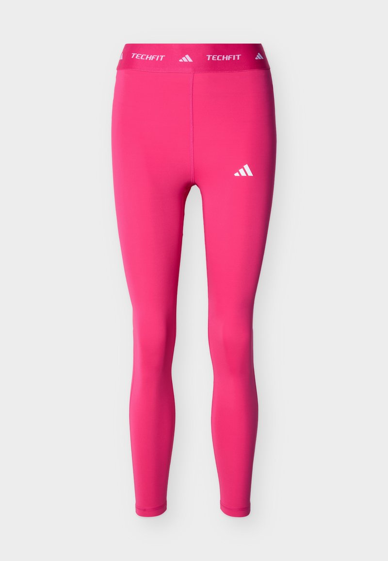 Leuchtend pinke Adidas Techfit Kompressionsleggings mit gebrandetem Bund und Logo am Oberschenkel, entworfen für sportliche Leistung.