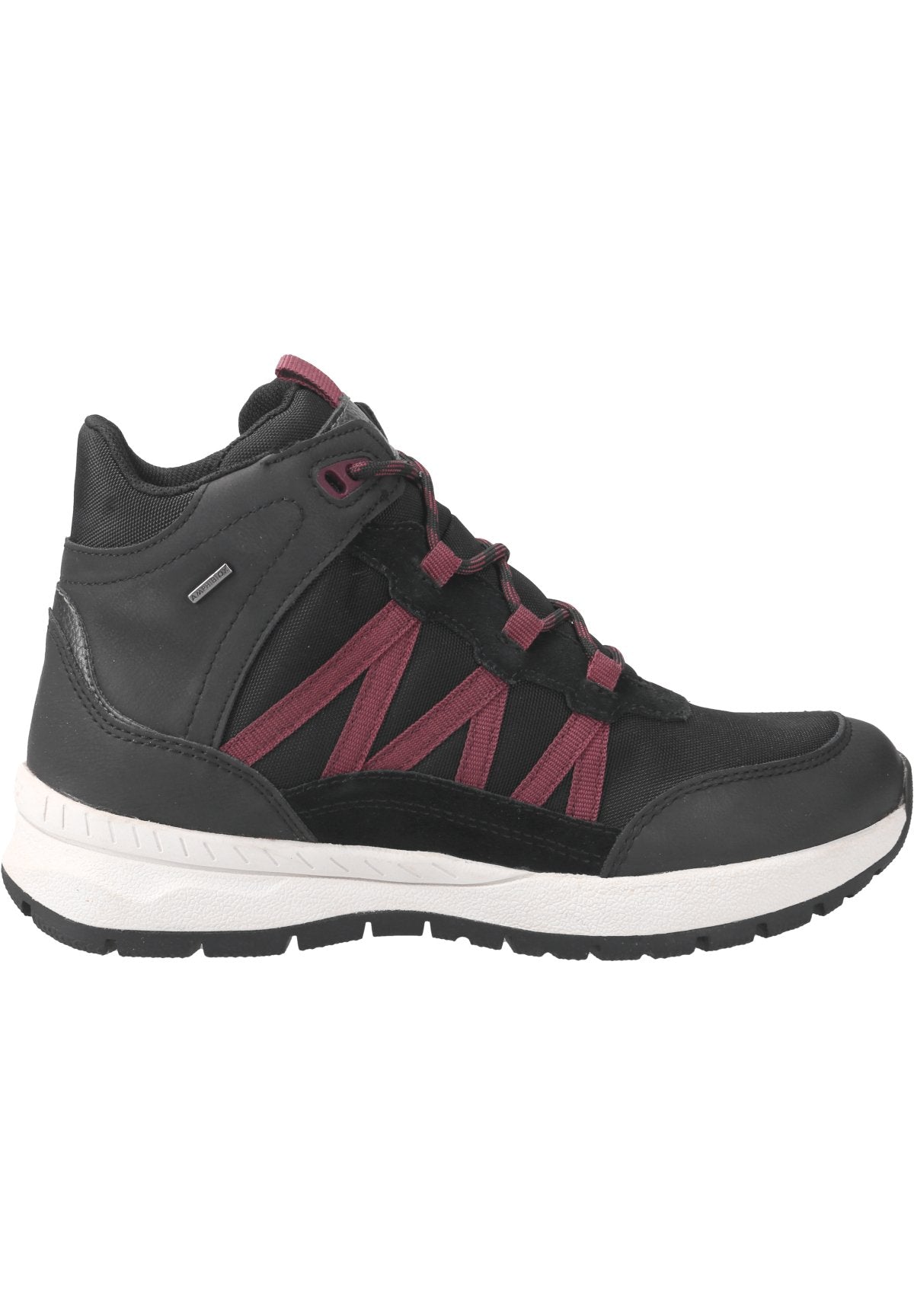 Schwarzer Mid-Top Sneaker mit burgunderfarbenen Akzenten, aus Leder und Mesh gefertigt. Verfügt über eine gepolsterte Sohle und ein Schnürsystem für einen sicheren Sitz.