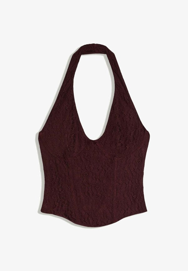 Bershka HALTER WITH LACE - CORSET TOP - Blouse - bordeaux