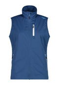 Navyblaues ärmelloses Weste aus Softshell-Material mit hohem Kragen, Frontreißverschluss und zwei seitlichen Reißverschlusstaschen. Weiße und blaue Akzente.