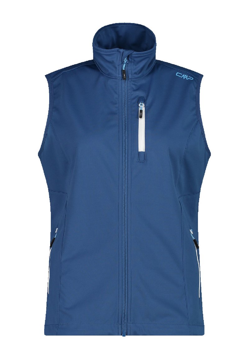 Navyblaues ärmelloses Weste aus Softshell-Material mit hohem Kragen, Frontreißverschluss und zwei seitlichen Reißverschlusstaschen. Weiße und blaue Akzente.