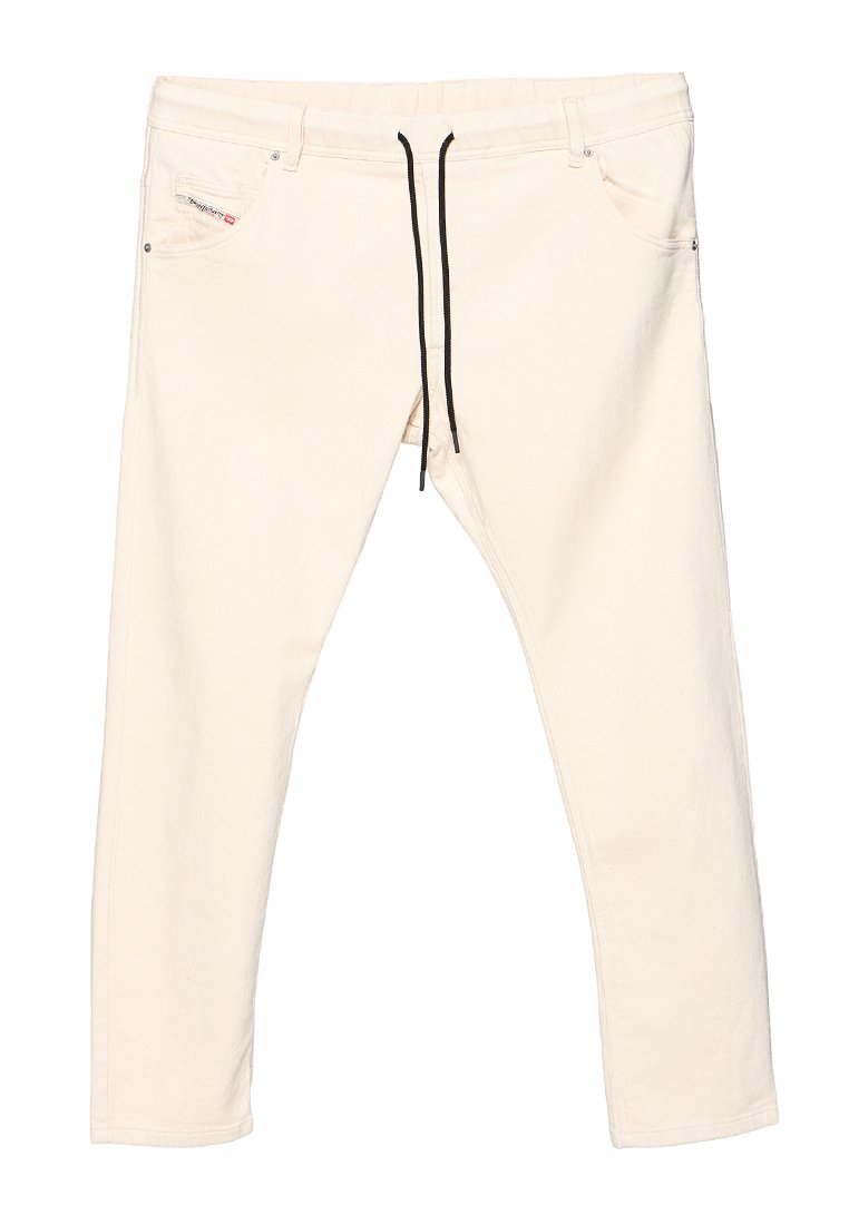 Hellbeige Jogginghose aus weichem Baumwollmischgewebe mit Kordelzugbund und Fronttaschen. Gerade geschnittenes Bein mit minimaler Detailgestaltung.