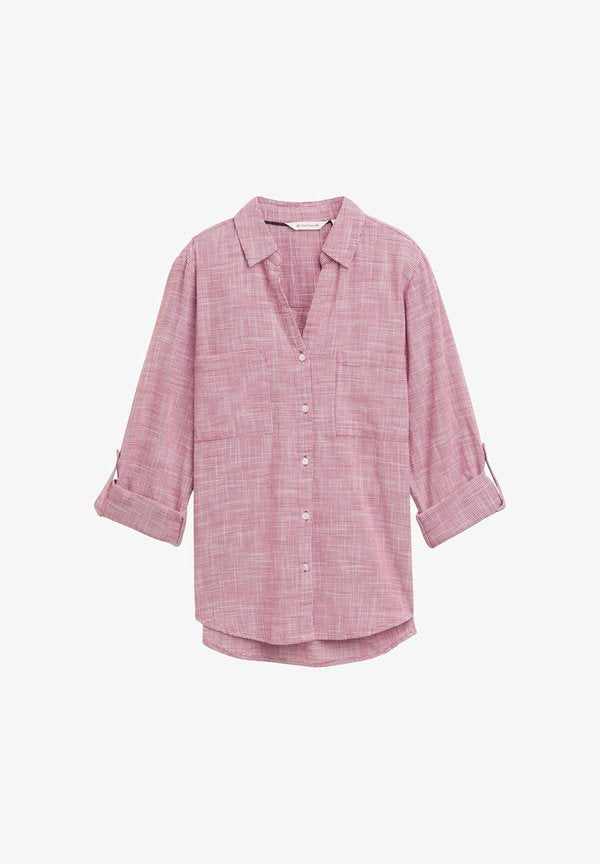 TOM TAILOR BLOUSE WITH SLUB STRUCTURE - Button-down blouse - dark pink