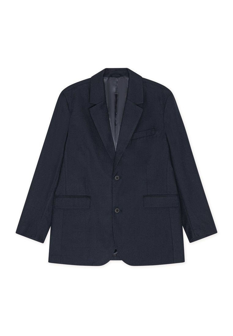 Marineblauer Blazer aus strukturiertem Stoff, mit einreihigem Design, abgestumpften Revers, zwei Fronttaschen und einer Brusttasche.