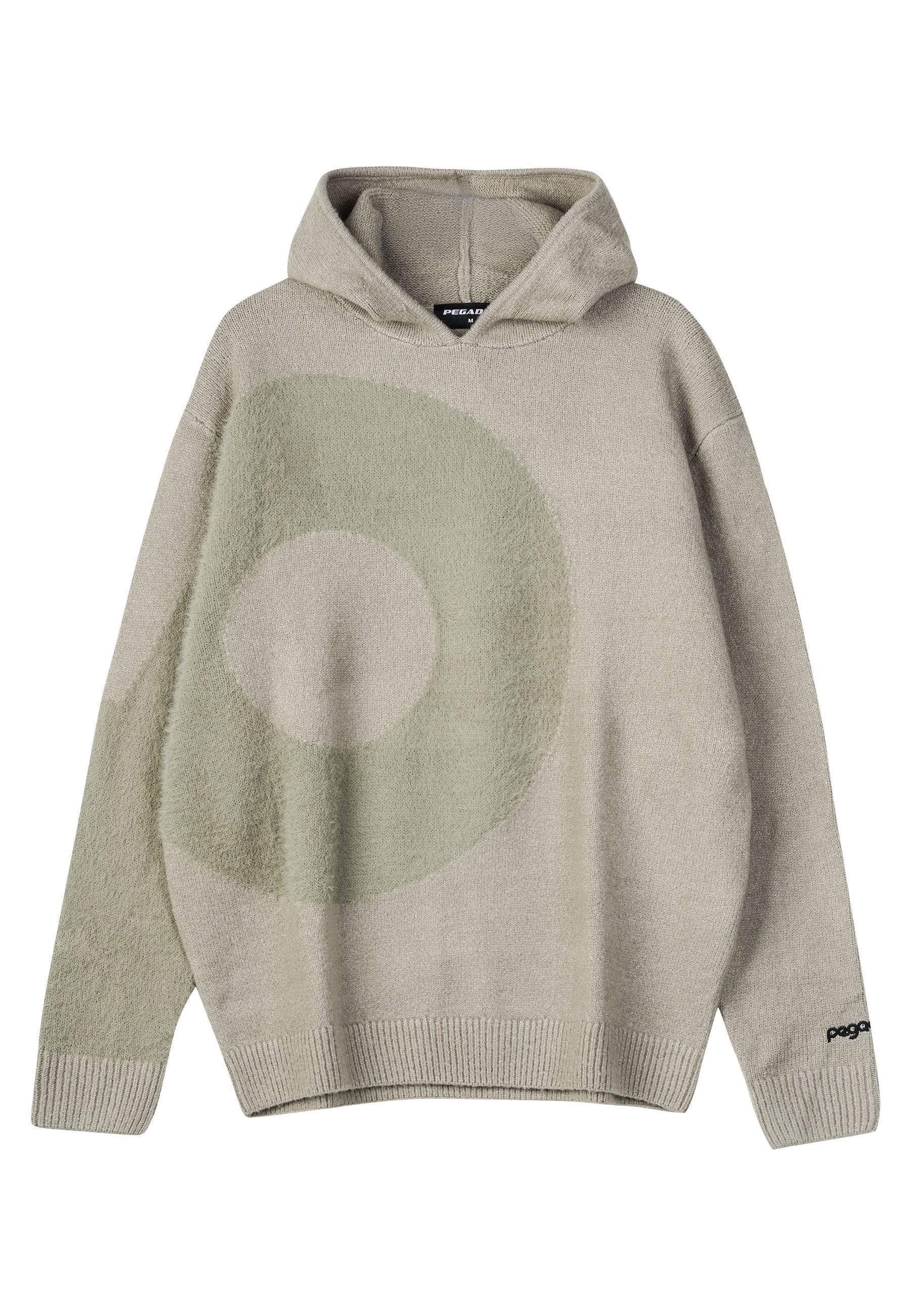 Hellgrauer Hoodie aus strukturiertem Stoff, mit einem großen grünen Kreisdesign. Mit Rippbündchen und einem Logo nahe dem Saum.