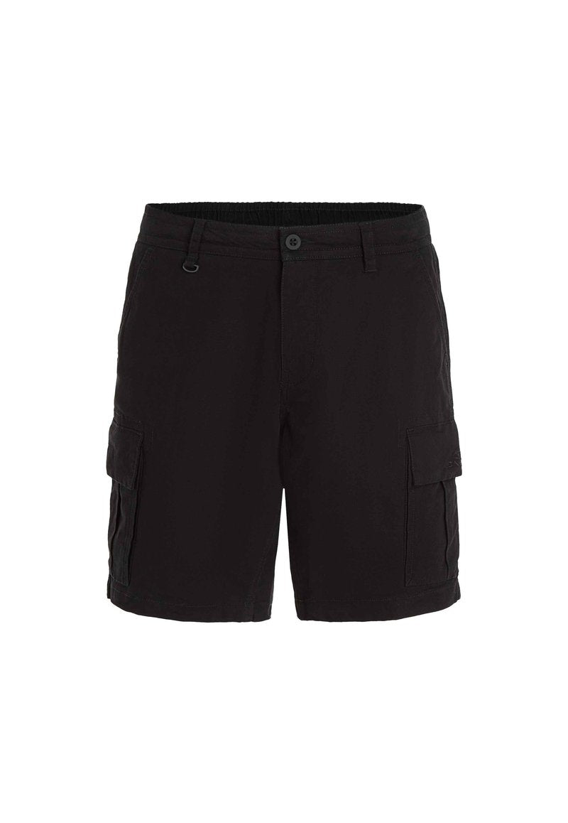 Schwarze Cargo-Shorts aus leichtem Material. Mit Knopfverschluss, elastischem Bund und seitlichen Taschen mit Klappenverschluss.