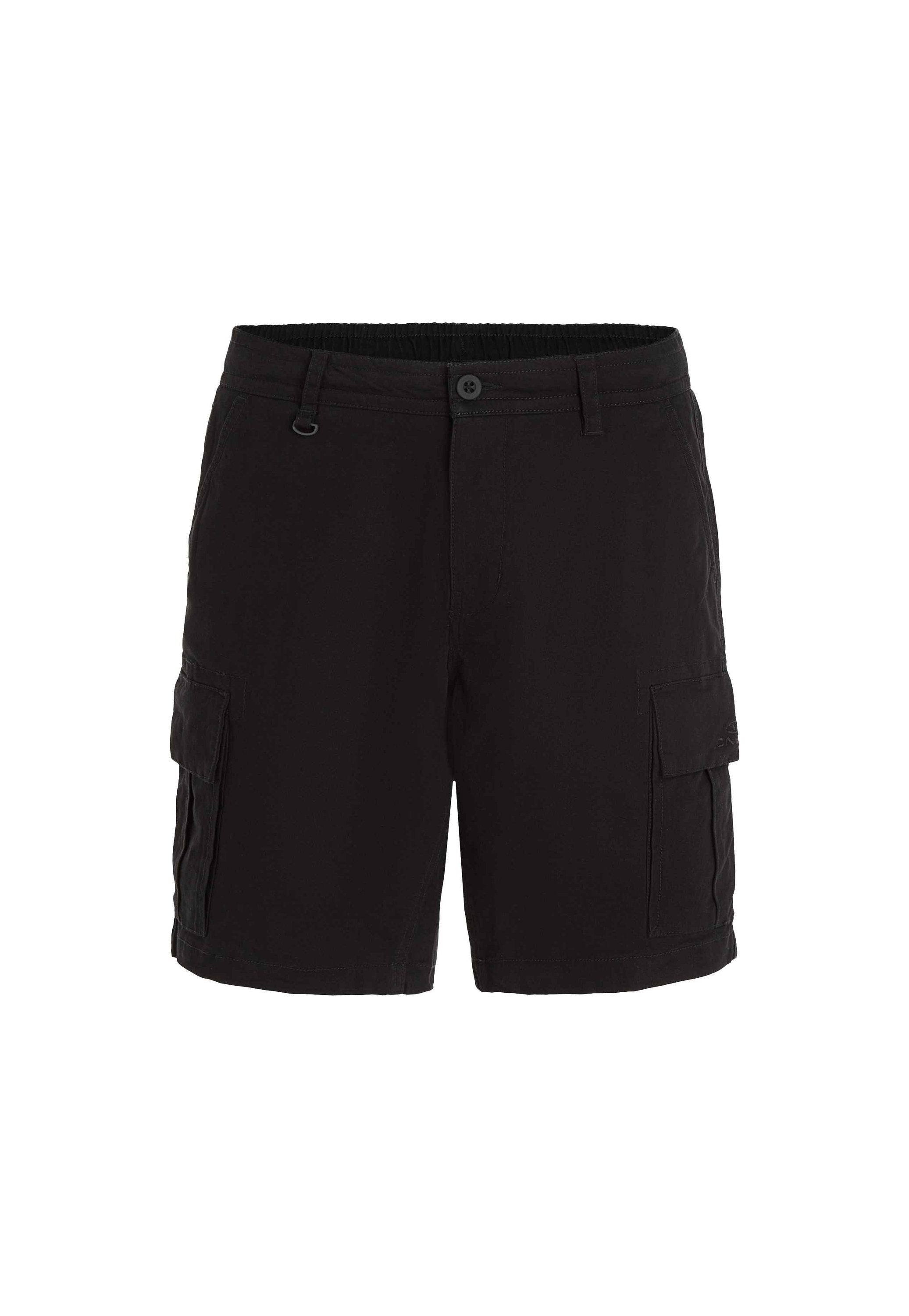 Schwarze Cargo-Shorts aus leichtem Material. Mit Knopfverschluss, elastischem Bund und seitlichen Taschen mit Klappenverschluss.