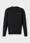Schwarzer Pullover aus Baumwollmischung mit Rundhalsausschnitt und langen Ärmeln. Auffälliges, farbenfrohes rundes Logo auf der Brust. Glatte Textur.