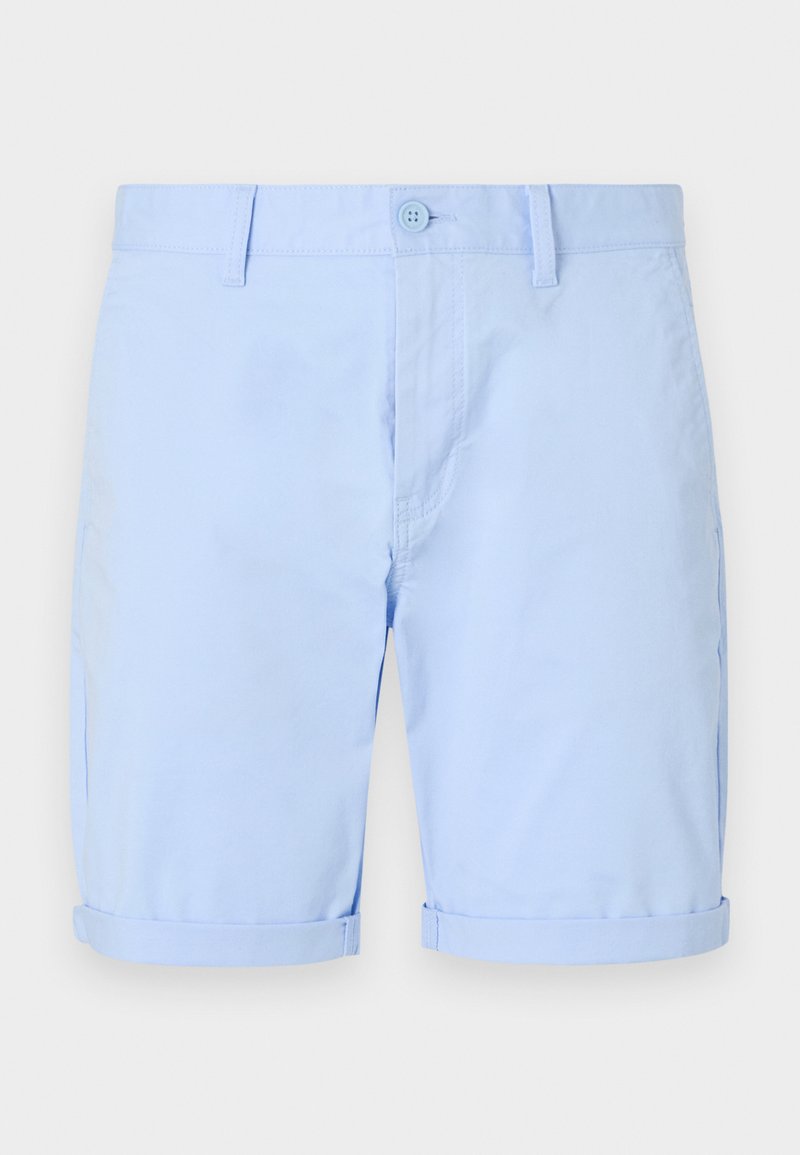 Helleblaue Baumwollshorts mit Knopfverschluss, Gürtelschlaufen und umgeschlagenen Säumen. Glattes Material mit seitlichen Taschen für Funktionalität.