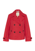 Rote doppelte Jacke aus glattem Stoff mit großen schwarzen Knöpfen, breitem Kragen und seitlichen Taschen.