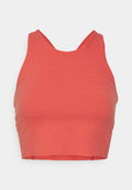 Koralfarbenes Crop-Top aus glattem Stoff mit hohem Kragen und ärmellosem Design sowie geradem Saum. Keine Muster oder Verzierungen.