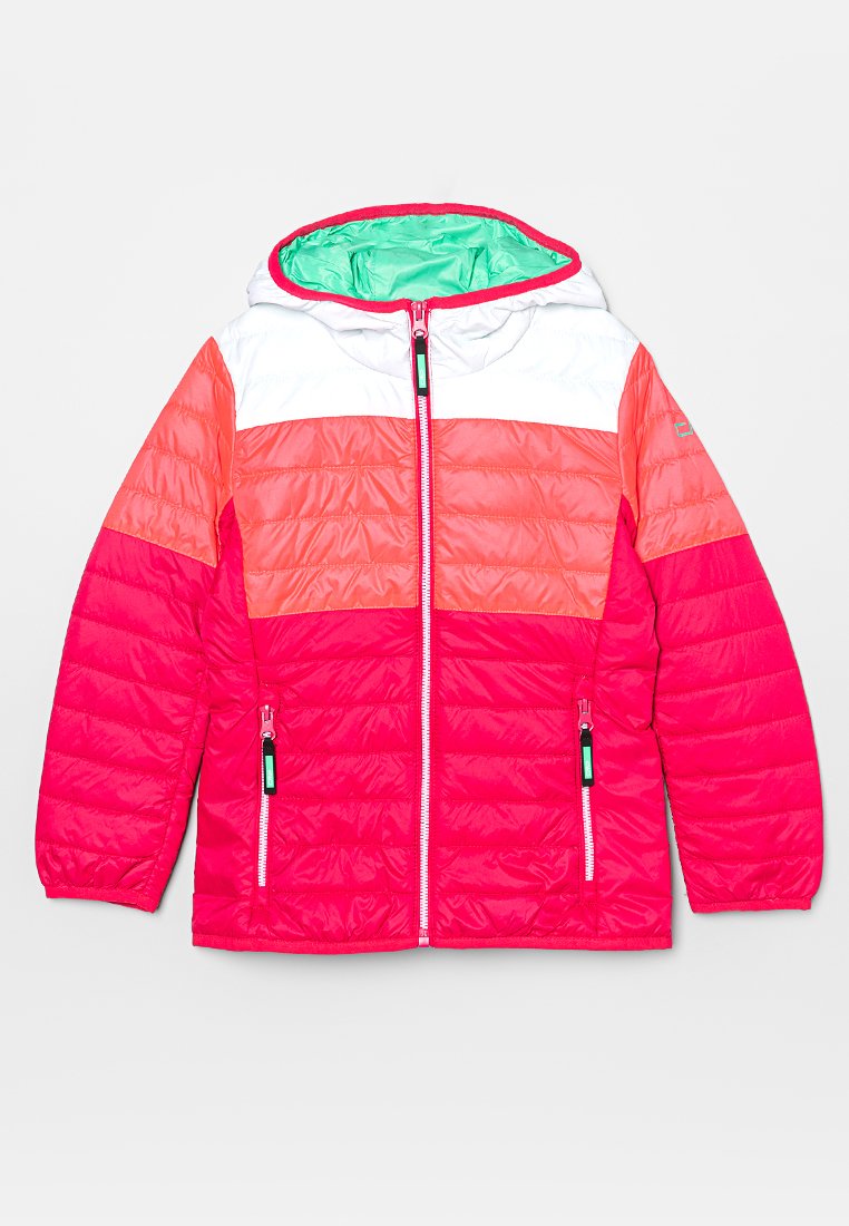 Quilted Jacke mit Kapuze, ausgestattet mit Farbblöcken in Rosa, Koralle und Weiß. Zwei Reißverschlusstaschen, leichtes Material und glänzende Oberfläche.