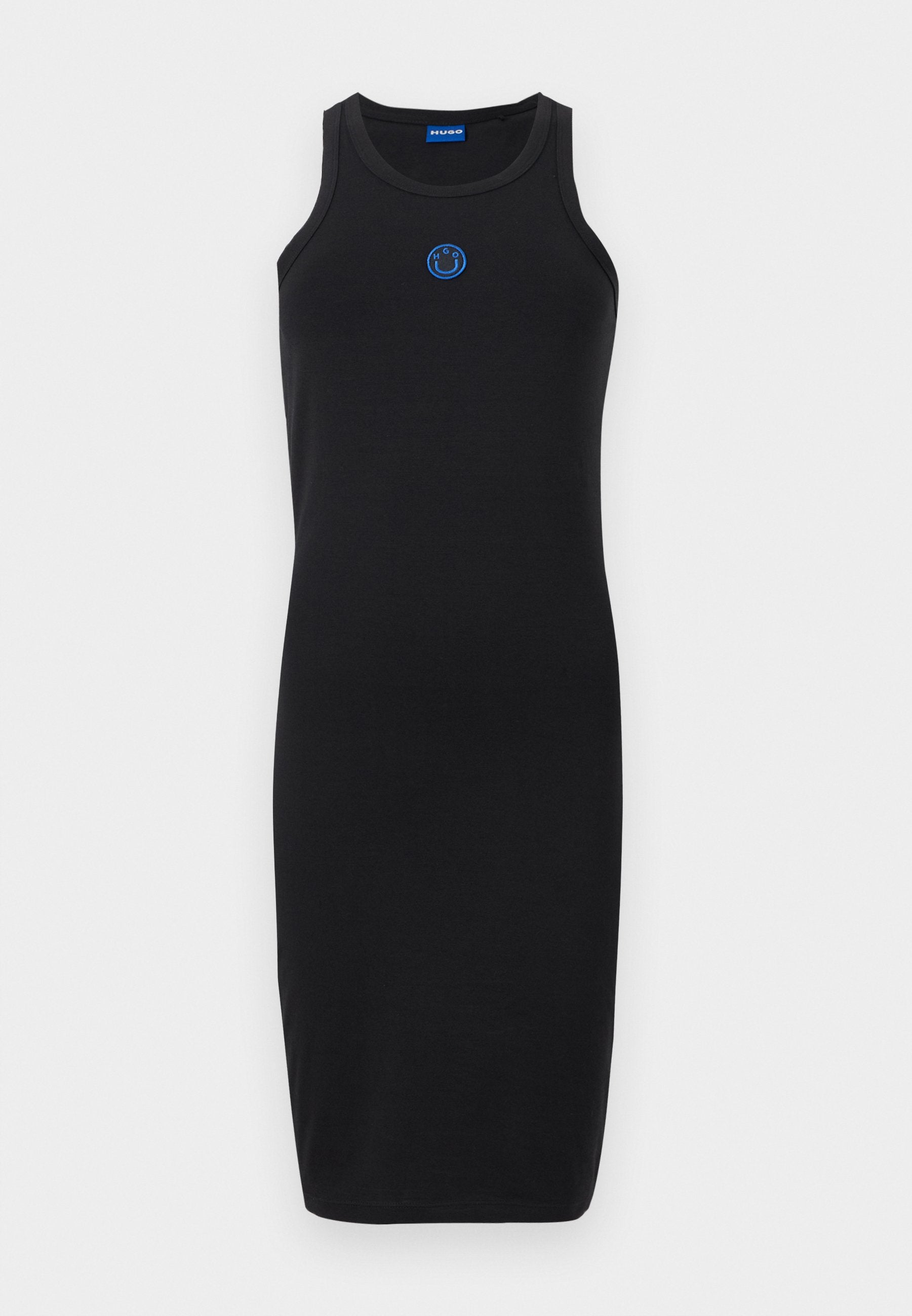 Schwarzes ärmelloses Midikleid mit rundem Ausschnitt und kleinem blauem Smiley-Gesicht-Logo mittig auf der Brust.