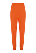 Orangene tapered Stoffhosen mit einem elastischen Bund und gerüschten Bündchen. Hergestellt aus glattem Material, ohne sichtbare Taschen oder Muster.