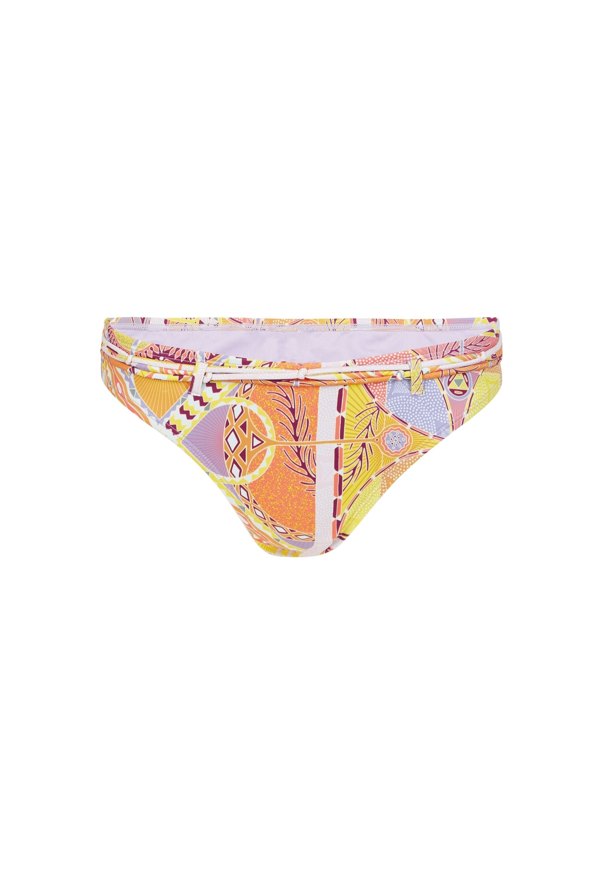 Bunte Bikinihose mit einem geometrischen und abstrakten Muster in Gelb, Orange und Lila. Hergestellt aus glattem, dehnbarem Stoff.