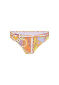 Bunte Bikinihose mit einem geometrischen und abstrakten Muster in Gelb, Orange und Lila. Hergestellt aus glattem, dehnbarem Stoff.