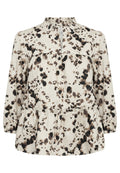 Langärmlige Bluse in Creme mit schwarzen und braunen abstrakten Punkten. Verfügt über einen Rüschensaum und einen gerafften Saum für eine lockere Passform.