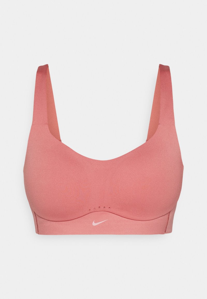 Rosa nahtloser Sport-BH mit breiten Trägern, geformten Cups, kleinen Belüftungsöffnungen unterhalb der Mitte und einem weißen Nike-Logo am Bund.