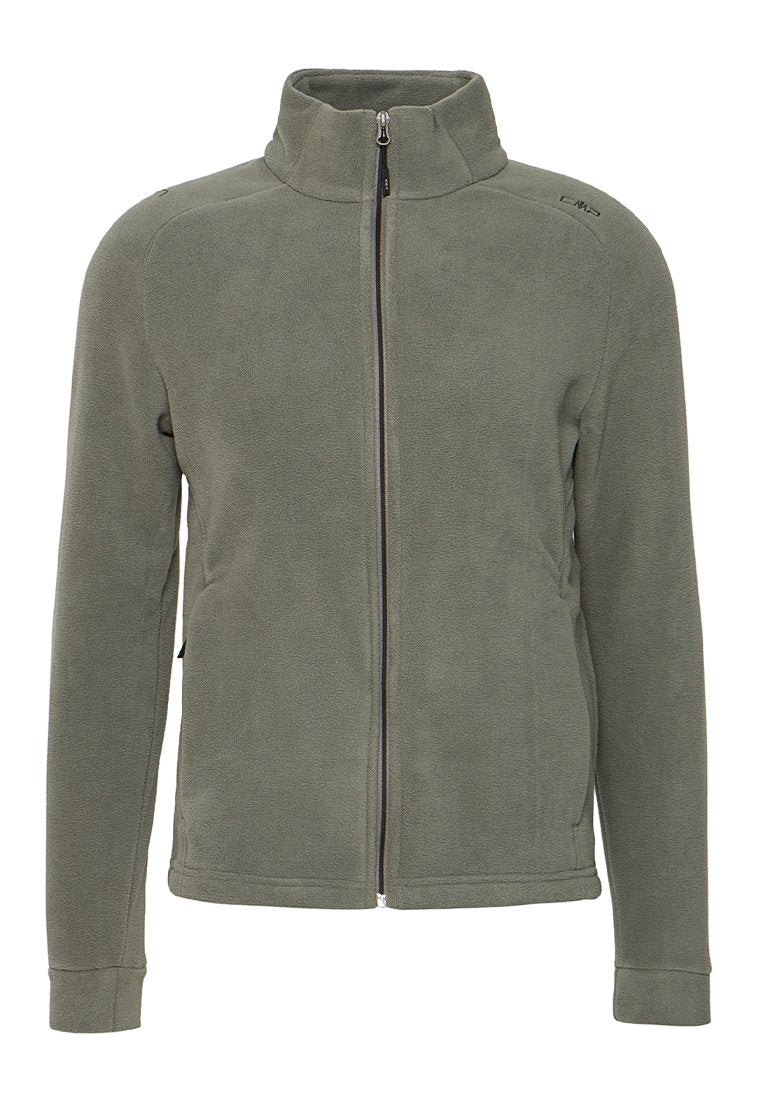 Fleecejacke in Olivgrün, mit hohem Kragen, Frontreißverschluss, Seitentaschen und glatter Textur. Einfaches, funktionales Design.