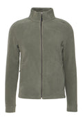 Fleecejacke in Olivgrün, mit hohem Kragen, Frontreißverschluss, Seitentaschen und glatter Textur. Einfaches, funktionales Design.