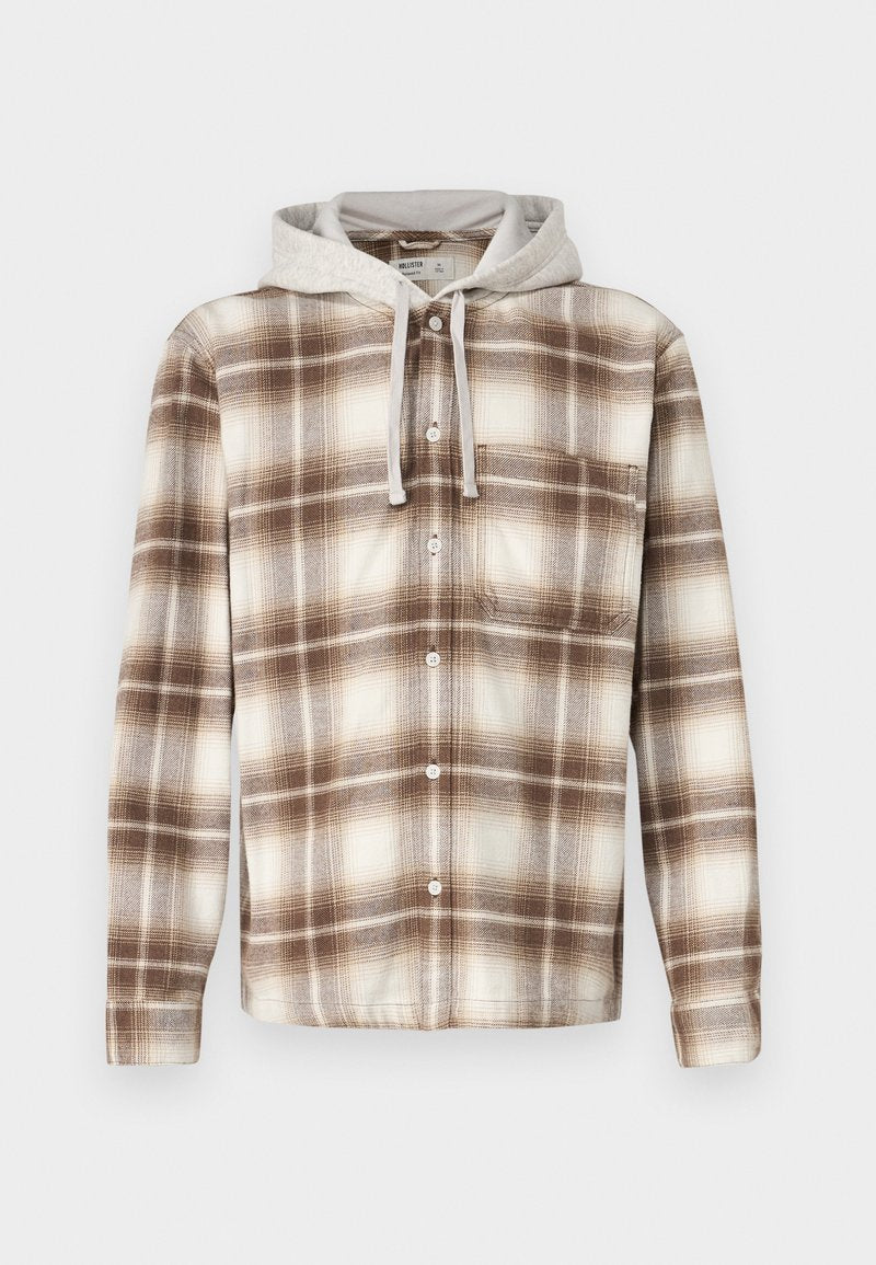 Braun-beige karierter Hemd mit grauem Kapuzen, Knopfleiste, langen Ärmeln und einer Brusttasche. Weicher Stoff und lässiges Design.