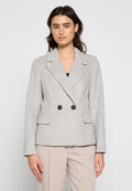 Grau melierter Wollmischblazer mit doppelreihigem Design, Reverskragen, zwei Vorderaschen und schwarzen Knöpfen. Glatte Textur, strukturierte Passform.