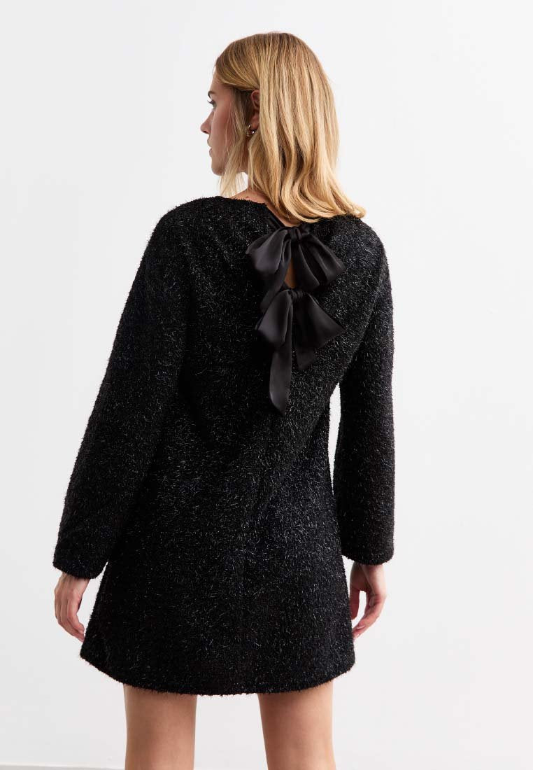 New Look BLACK BOW BACK TINSEL LONG SLEEVE MINI
