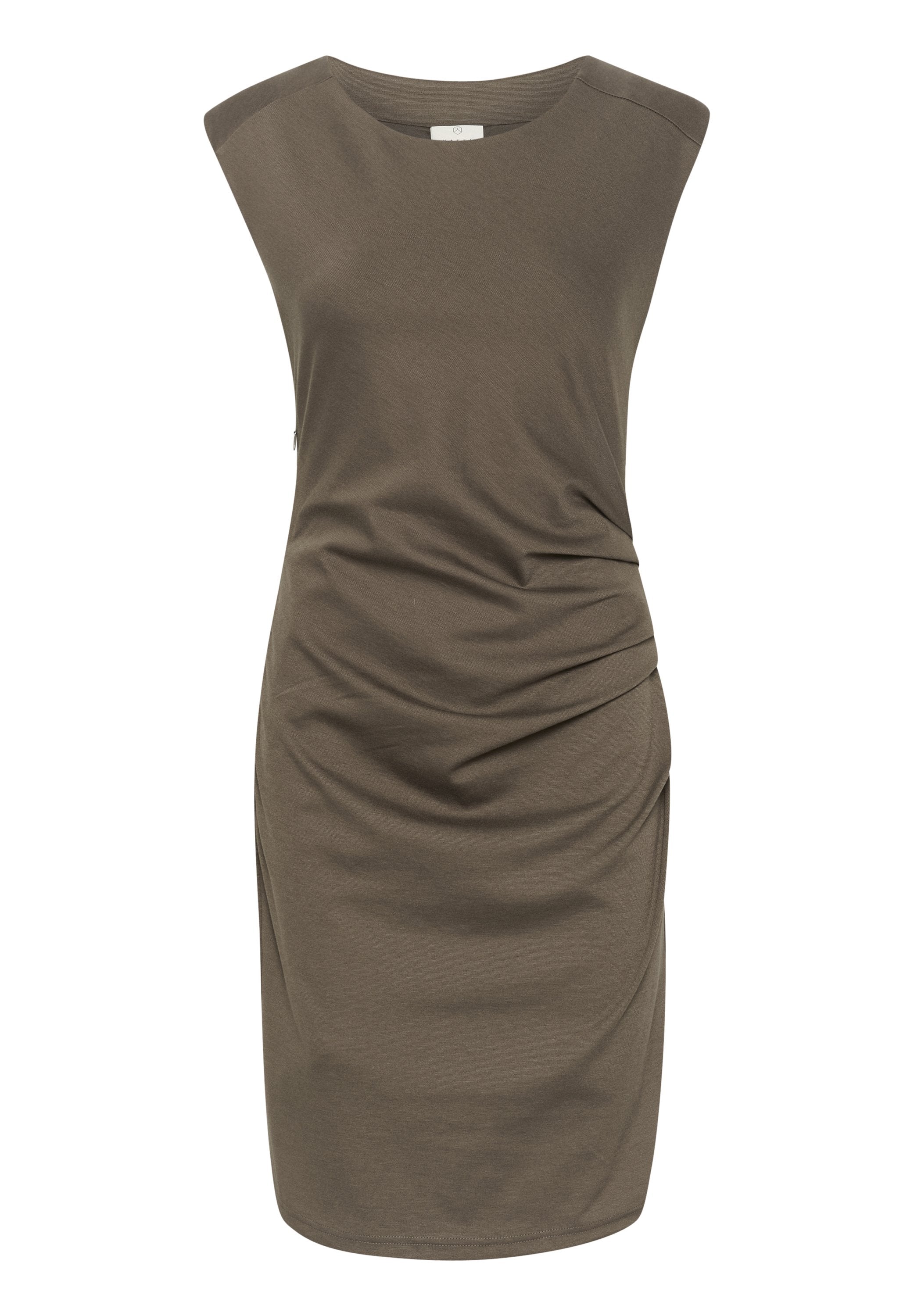 Olivgrünes ärmelloses Kleid aus weichem, strukturiertem Stoff, mit seitlicher Raffung und rundem Ausschnitt. Midi-Länge bis zur Oberschenkelmitte.