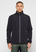 Schwarze Fleecejacke mit hohem Kragen, durchgehendem Reißverschluss und kontrastierendem weißen Reißverschlussdetail. Glatte Textur und figurbetonte Silhouette.